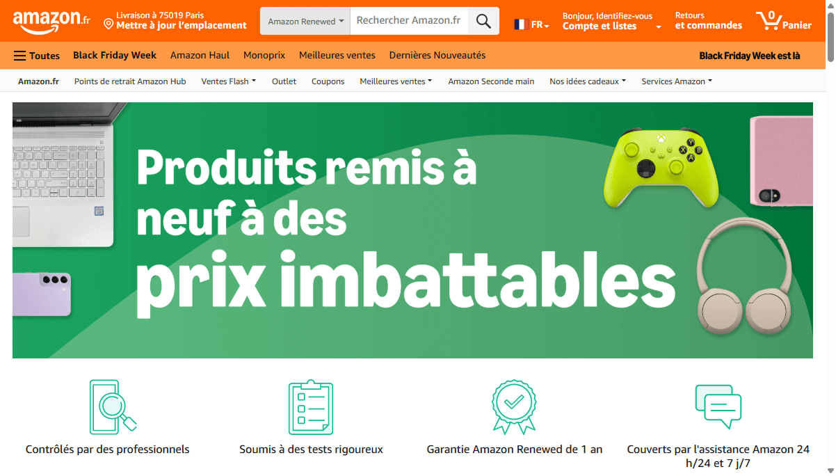 Page d'accueil d'Amazon Warehouse