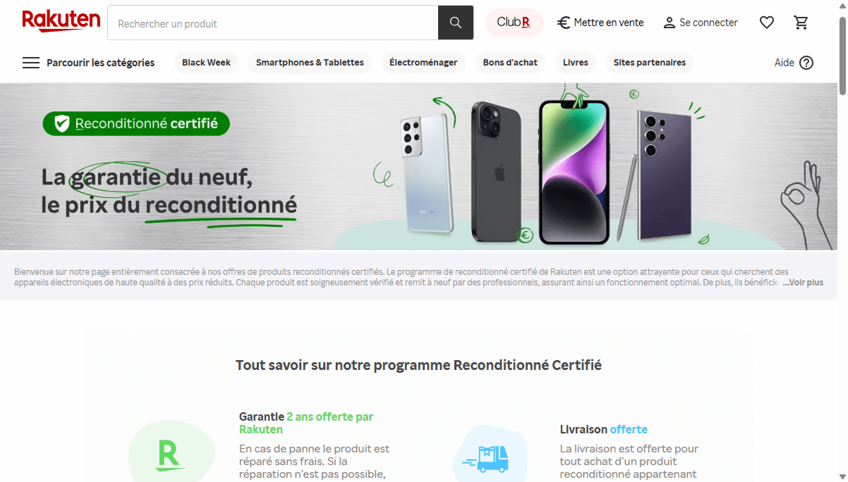 Page d'accueil de Rakuten