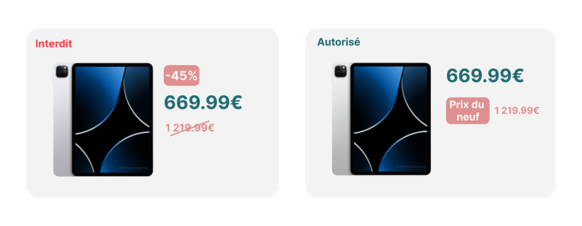 Exemple de fiches produit : une interdite avec un prix barré sans référence claire, et une annonce autorisée qui précise que prix barré est celui du neuf