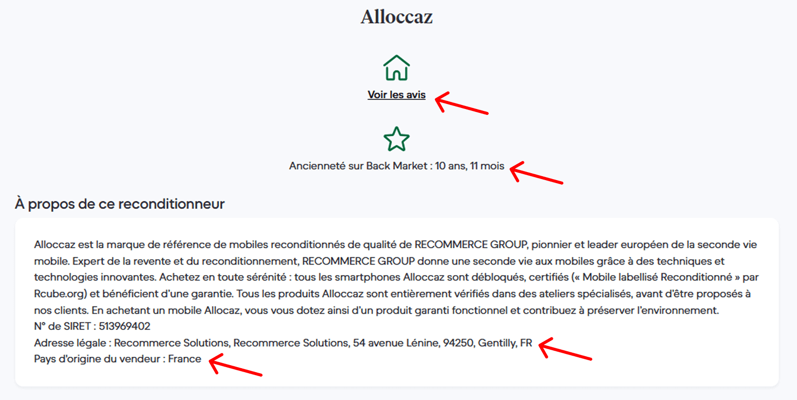 Page d'un vendeur sur Back Market