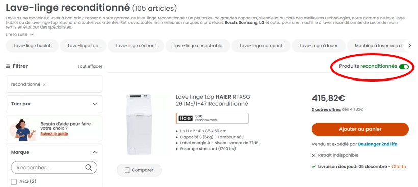 Résultat de recherche et filtre sur les produits reconditionnés.