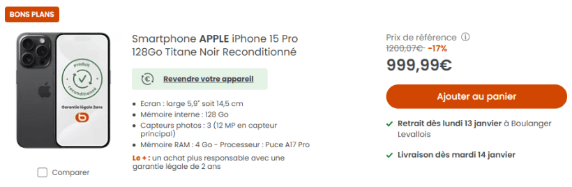 Exemple de fiche produit iPhone reconditionné vendu par Boulanger.