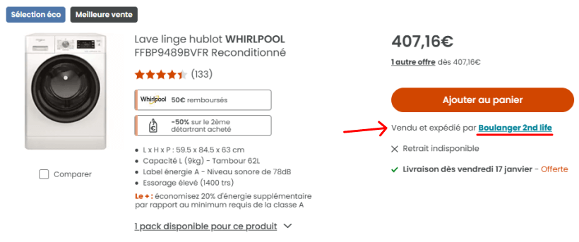 Exemple de fiche produit Macbook reconditionné vendu par un vendeur partenaire.