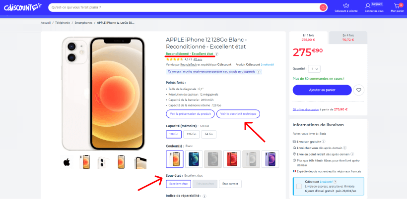 Fiche produit d'un iPhone 12 reconditionné sur le site de Cdiscount