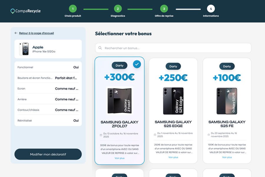 Capture d'écran de CompaRecycle illustrant la sélection d'un bonus de reprise Darty pour un smartphone, visible en magasin.