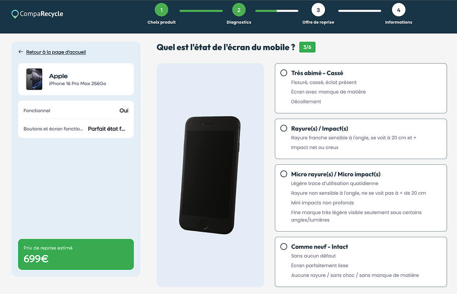 Capture d'écran du comparateur CompaRecycle montrant l'étape d'estimation de l'état de l'écran d'un iPhone 16 Pro Max pour une reprise.