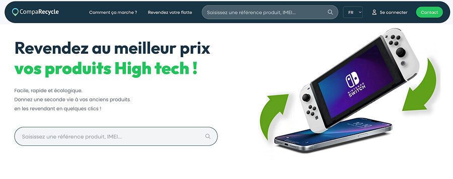 Page d'accueil du site CompaRecycle, affichant les offres de reprise pour différents produits high-tech et son positionnement écoresponsable.