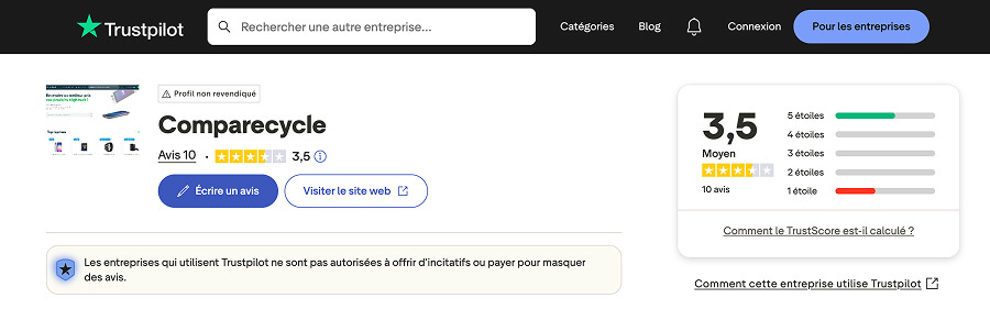 Capture d'écran de la page Trustpilot de CompaRecycle affichant une note de 3,5/5 en novembre 2025 avec un nombre limité d'avis clients.