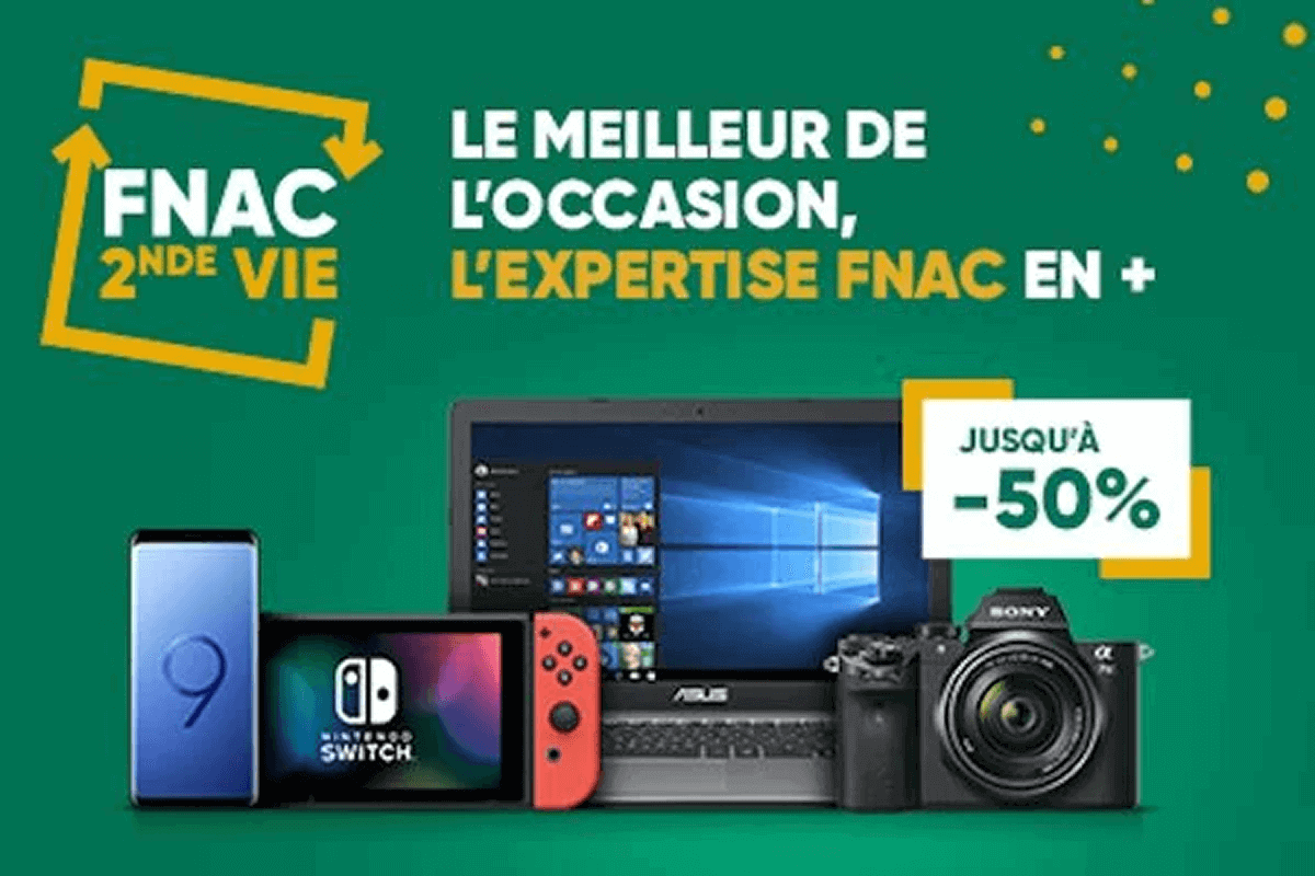 Image des plusieurs produits (smartphone, console, ordinateur et appareil photo) sur fond vert avec le logo Fnac 2nde vie et une phrase descriptive