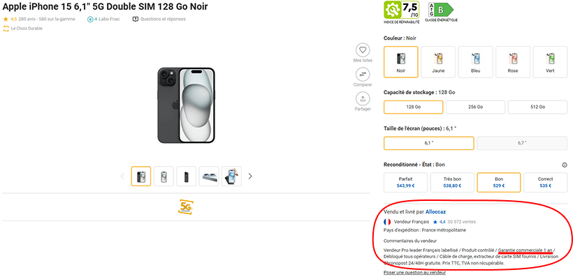 Exemple d'une fiche produit Fnac 2nde Vie avec un vendeur tiers qui propose une garantie commerciale additionnelle.