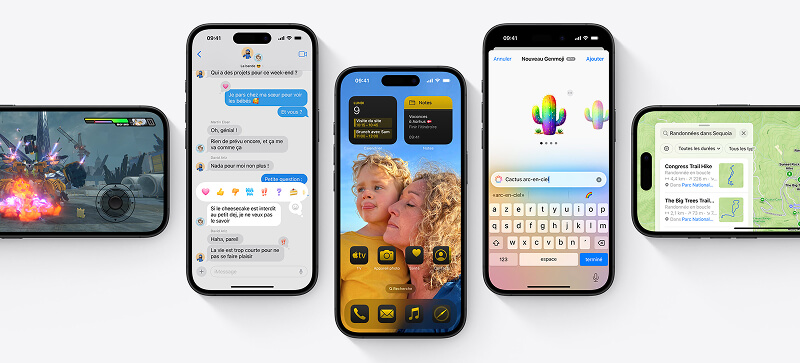 iPhone 12 mini sous iOS 18 avec Apple Intelligence, personnalisation avancée, mode Jeu optimisé et nouvelles fonctionnalités Photos et Messages.