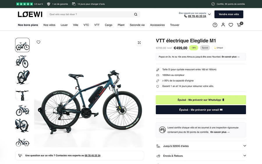 Fiche produit d'un vélo reconditionné sur le site loewi.fr