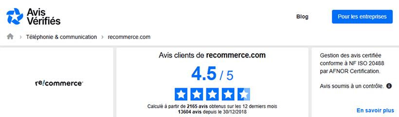Capture d'écran de la page Recommerce sur le site avisvérifiés.com, avec la note globale de 4,5/5.