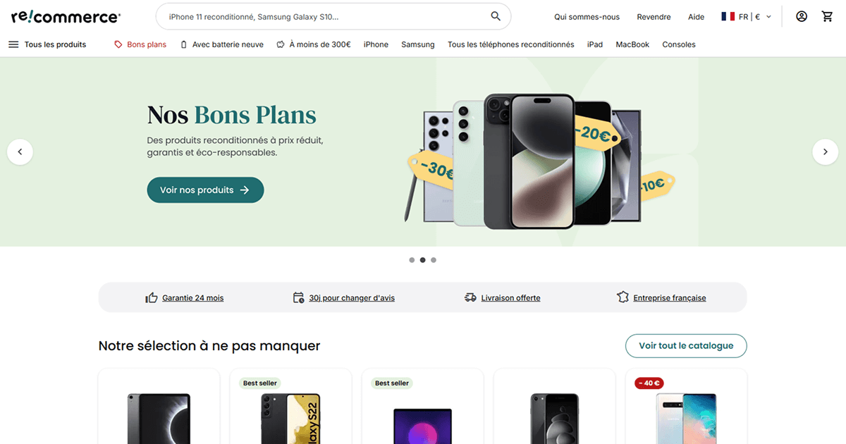 Page d'accueil du site de produits high-tech reconditionnés recommerce.com