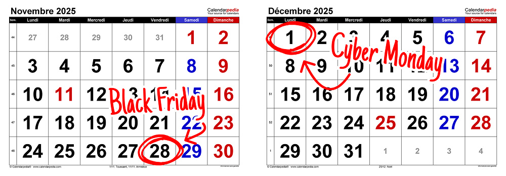 Calendrier officiel du Black Friday 2025, indiquant le 28 novembre et le Cyber Monday le 1er décembre.