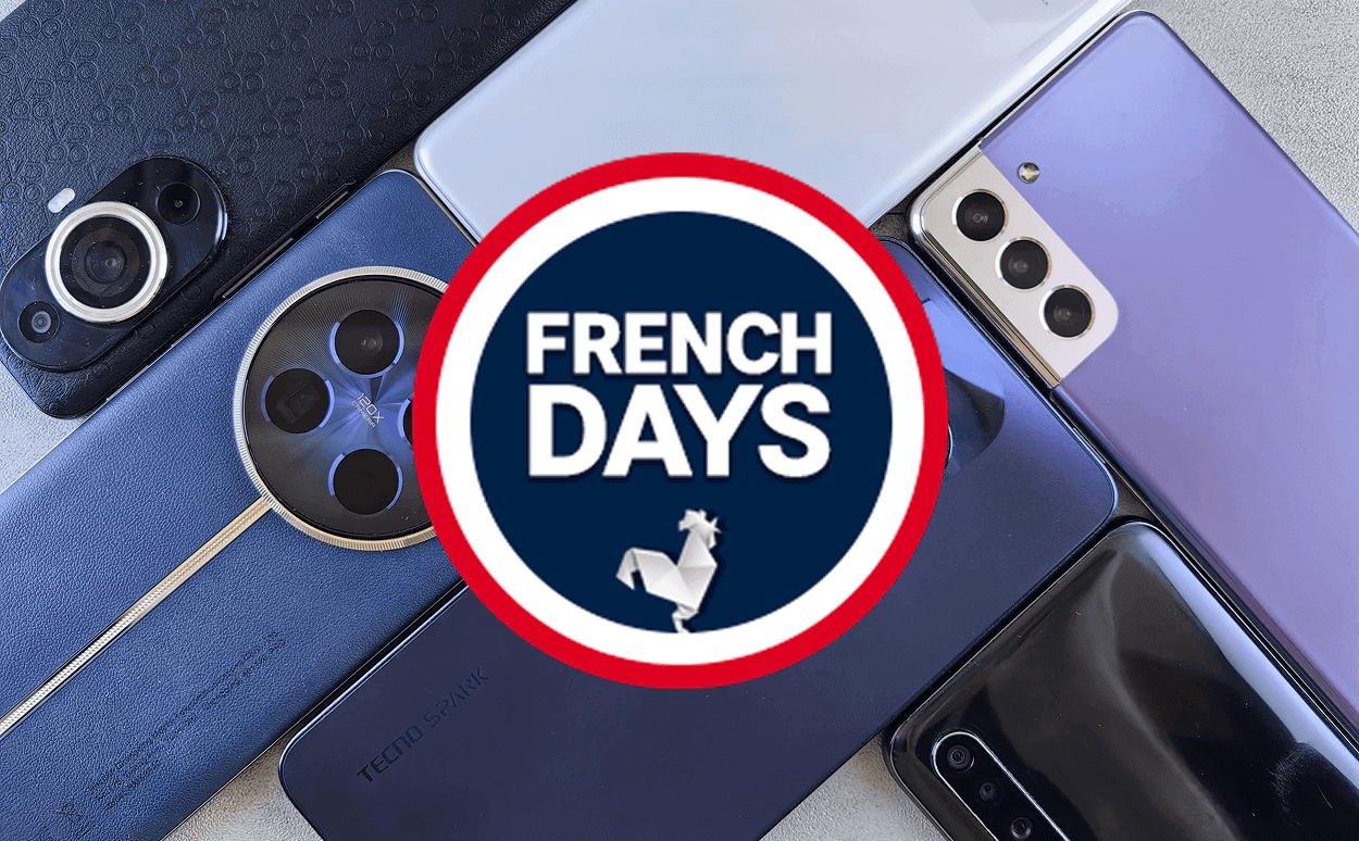 Plusieurs smartphones sur une table avec le logo des French Days.
