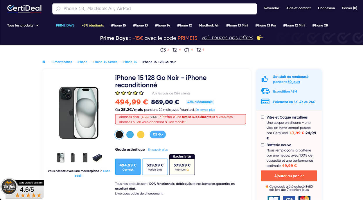 Fiche produit de l'iPhone 15 128Gosur certideal.com