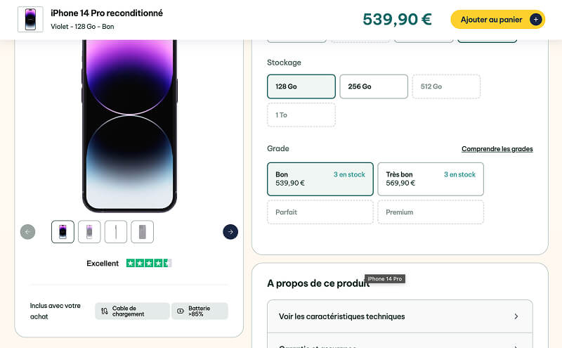 Fiche produit de l'iPhone 15 sur le site e-recycle.fr sur laquelle l'utilisateur peut choisir le grade du produit