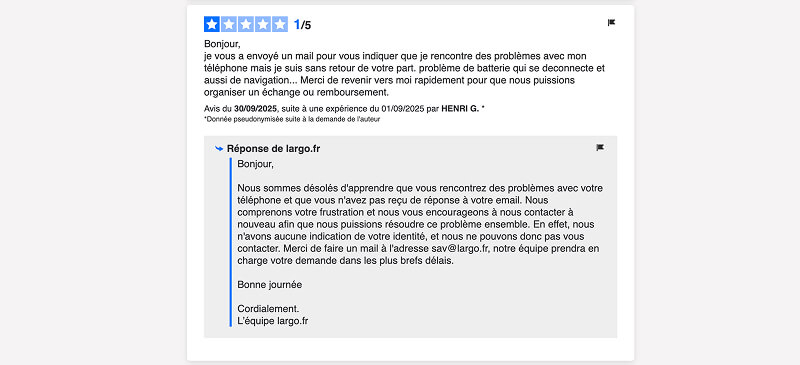 Exemple de réponse du service client de Largo à un avis négatif d’un client mécontent