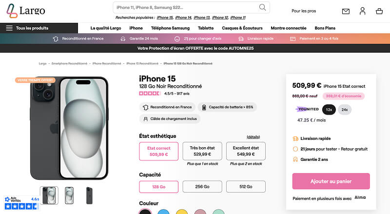 Fiche produit de l'iPhone 15 sur le site largo.fr sur laquelle l'utilisateur peut choisir le grade du produit