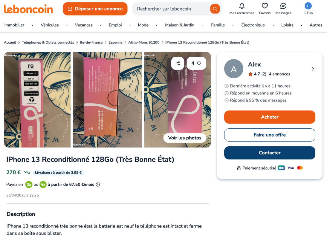 Annonce leboncoin d'un iPhone 13 reconditionné d'un particulier