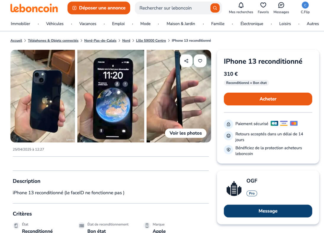 Annonce leboncoin d'un iPhone 13 reconditionné d'un pro douteux
