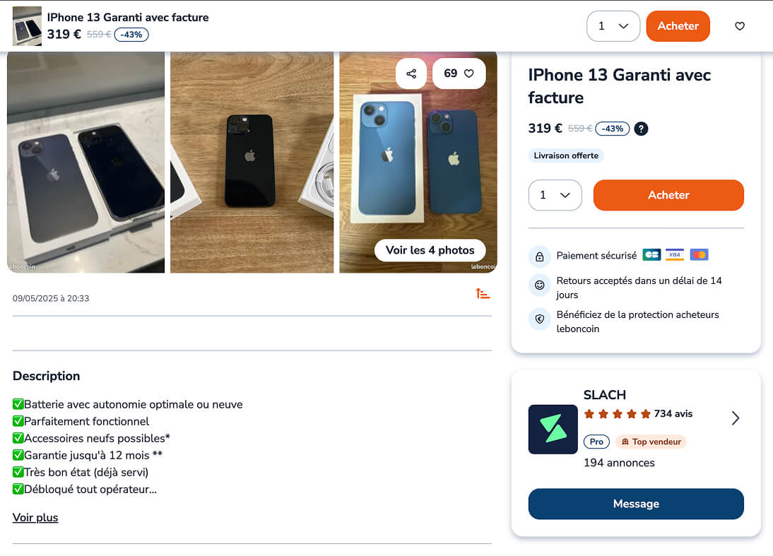 Capture d'écran du site leboncoin.fr d'une annonce sérieuse d'un smartphone reconditionné