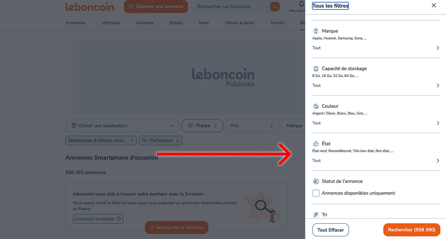 Filtres du moteur de recherche leboncoin pour affiner les résultats d'une recherche
