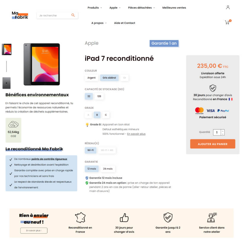 Fiche produit d'un iPad reconditionné sur le site Ma Fabrik