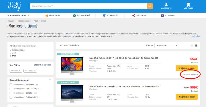 Exemple d'un résultat de recherche pour un iMac lors de la navigation sur le site Macway