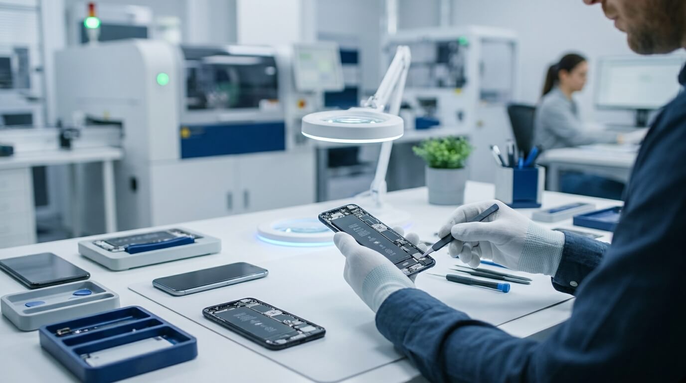 Vue éclatée des composants internes et de la batterie d'un téléphone mobile