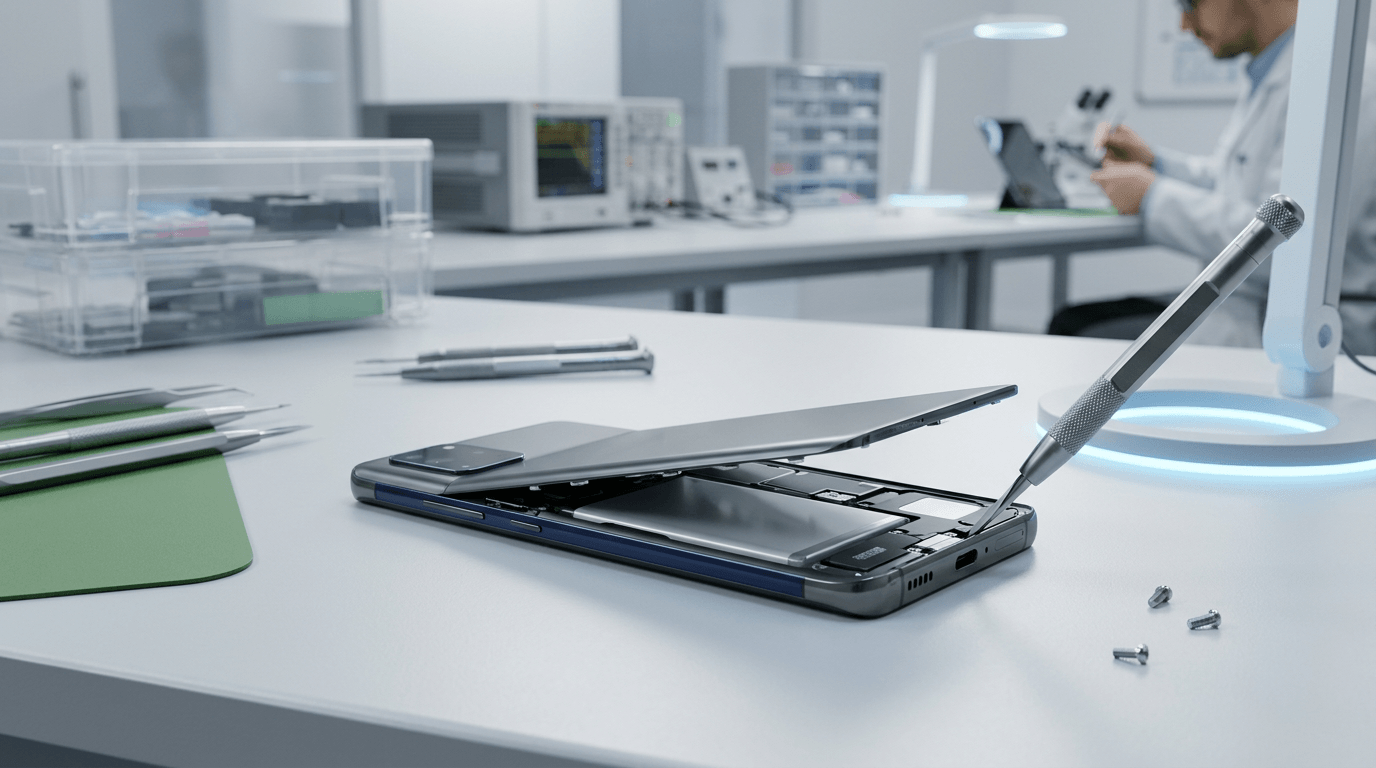 Illustration d'un smartphone démonté montrant sa batterie accessible, symbole de la nouvelle réglementation européenne