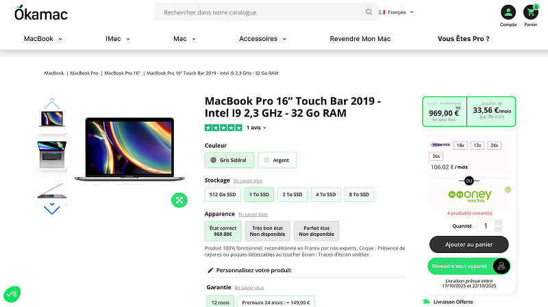 Capture d'écran d'une fiche produit sur le site okamac.com