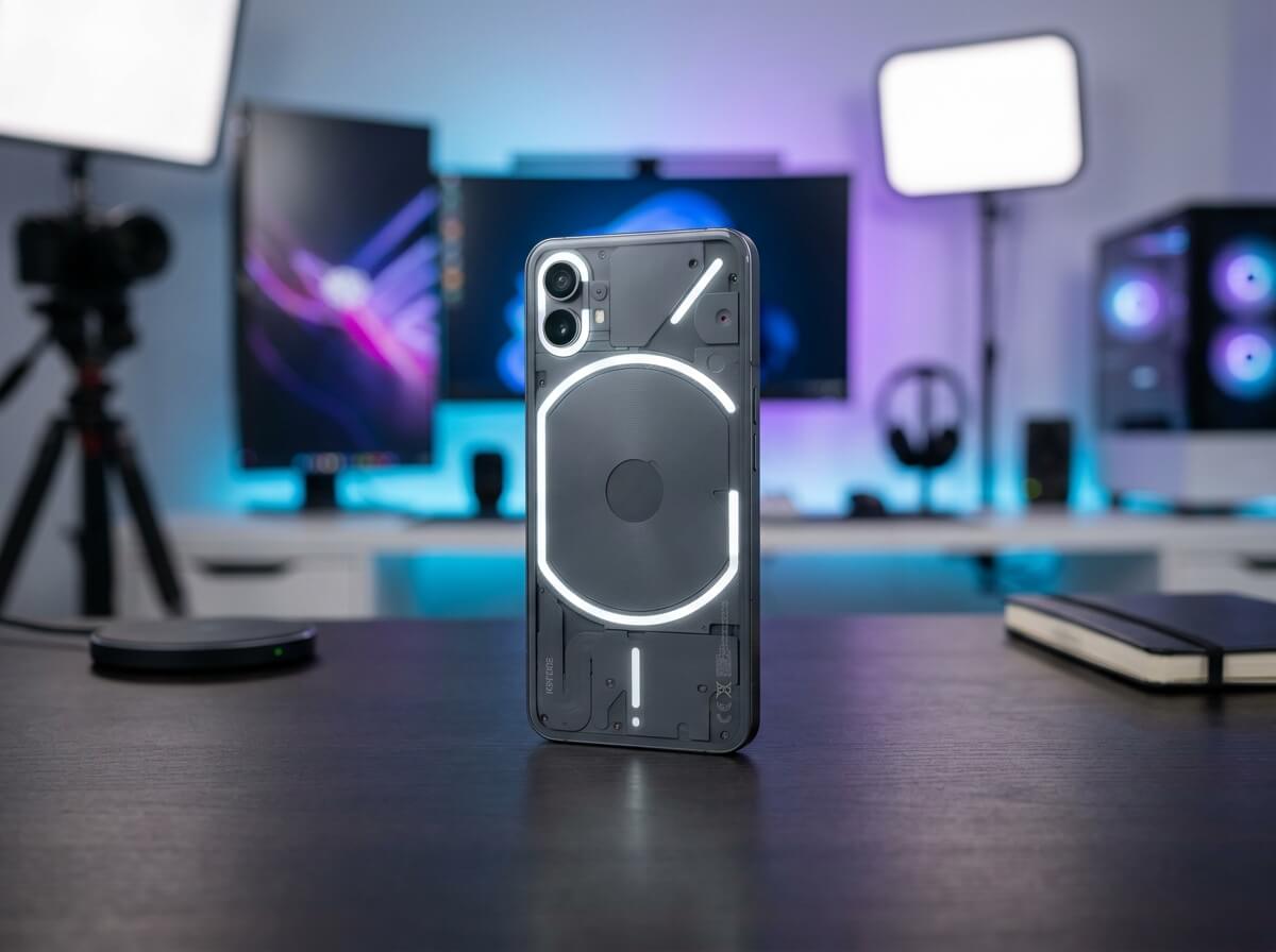 Bannière promotionnelle du Nothing phone (1) présentant son design transparent et l'interface Glyph