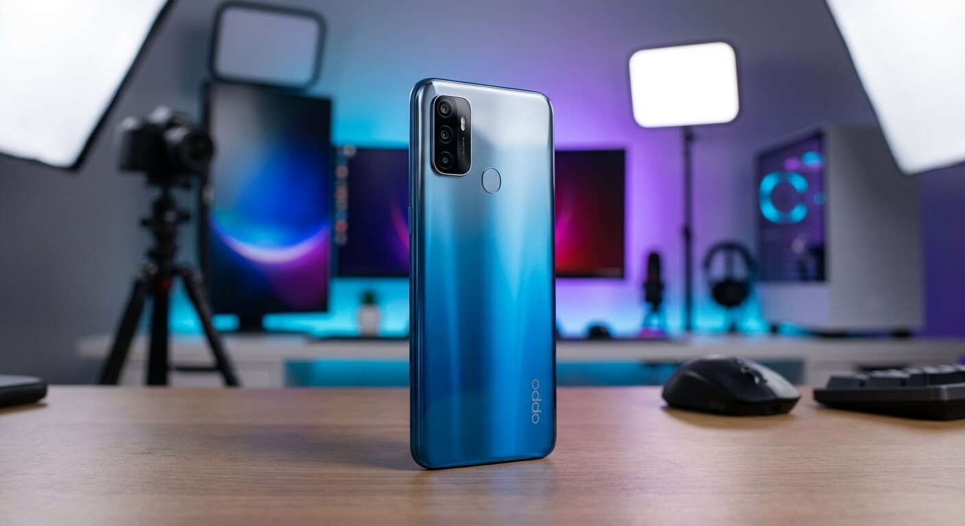 Bannière promotionnelle de l'Oppo A53s mettant en avant son design et son écran 90 Hz