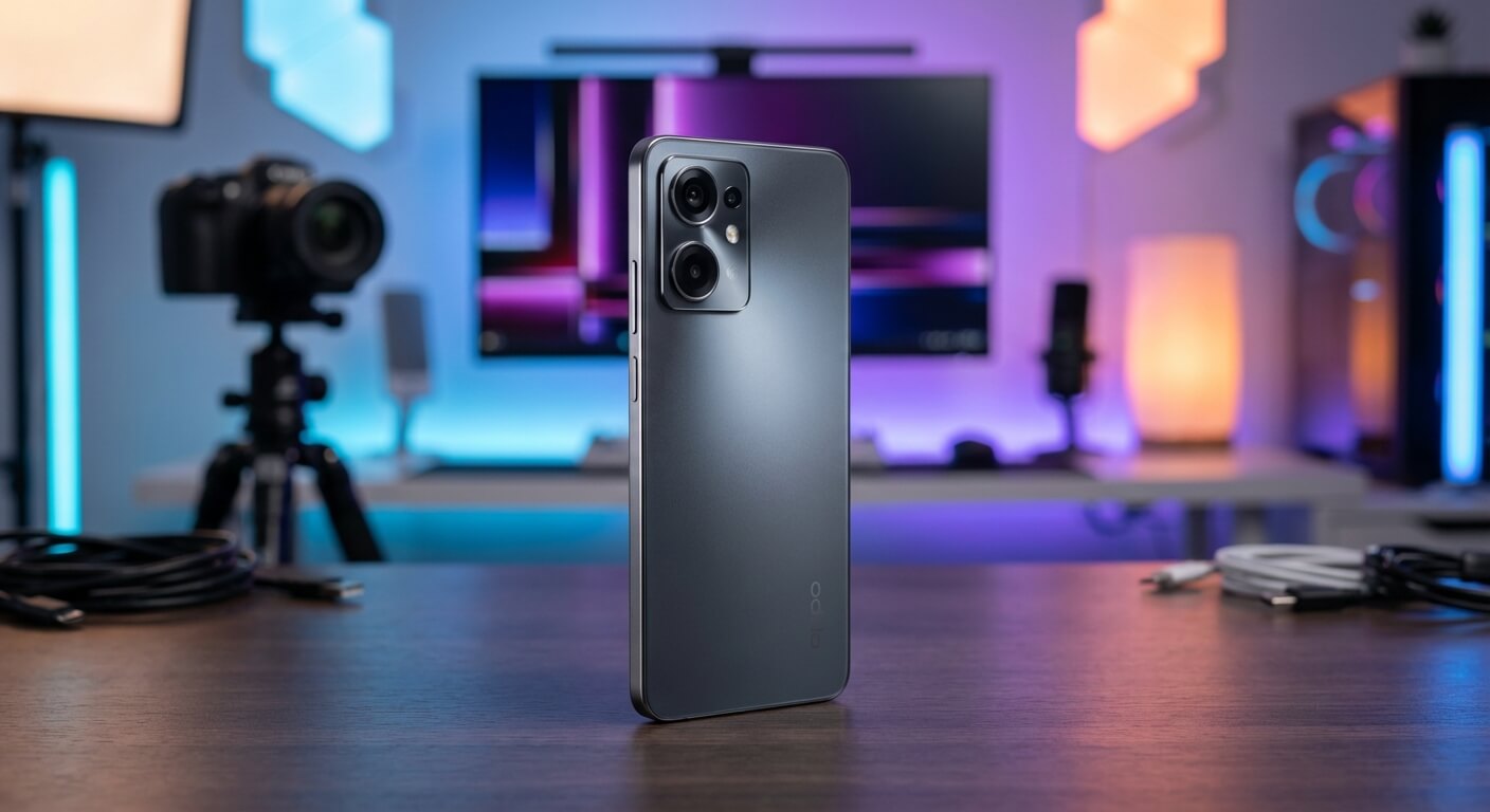 Bannière promotionnelle du Oppo Reno 13 F/FS avec écouteurs Enco Buds 2 Pro