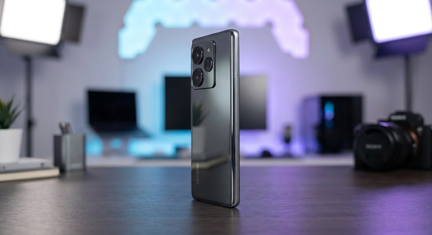 Bannière promotionnelle du Realme GT 6 mettant en avant son design argenté et ses performances