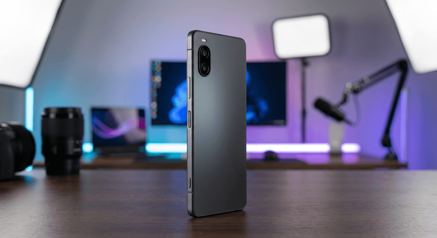 Bannière promotionnelle du Sony Xperia 10 VI mettant en avant son design compact et son autonomie