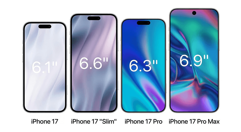 Comparaison des tailles d’écran des iPhone 17, 17 Air, 17 Pro et 17 Pro Max vus de face