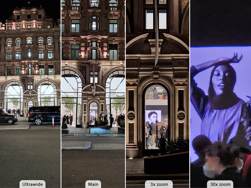 Série de photos prises avec un Galaxy S22, allant de l’ultra grand-angle à un zoom x30 : on découvre d’abord la devanture complète d’un Apple Store, puis un gros plan net sur une publicité à l’intérieur du magasin, sans perte de qualité