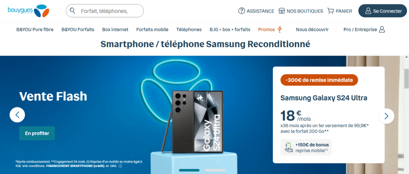 Page des offres de smartphones samsung reconditionné sur Bouygues Telecom