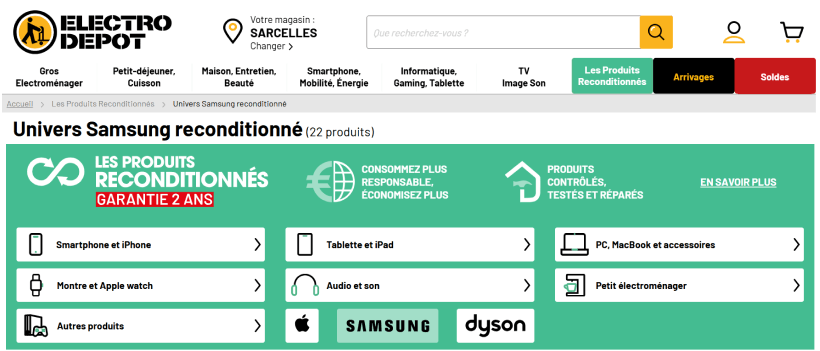 Page qui regroupe les produits reconditionnés vendus sur ELECTRO DEPOT